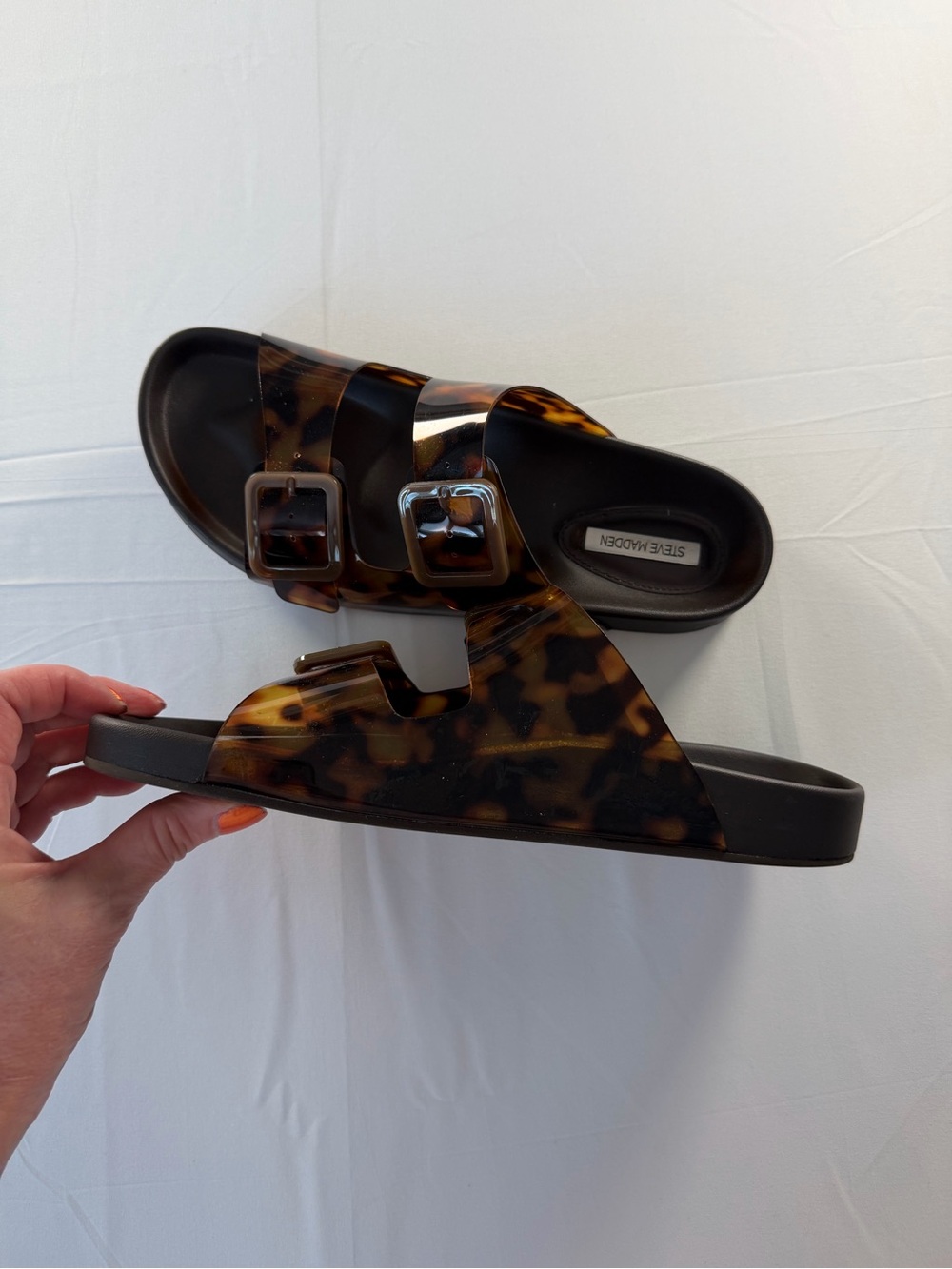 Steve Madden Tortoiseshell Double-Buckle Slide Sandals - Black/Tortoise - Picture 5 of 8